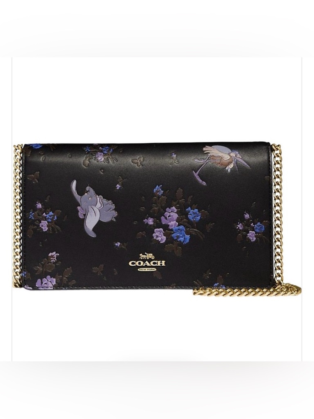 Coach Callie Disney Dumbo Black Floral Wallet Crossbody with Gold Chain RARE